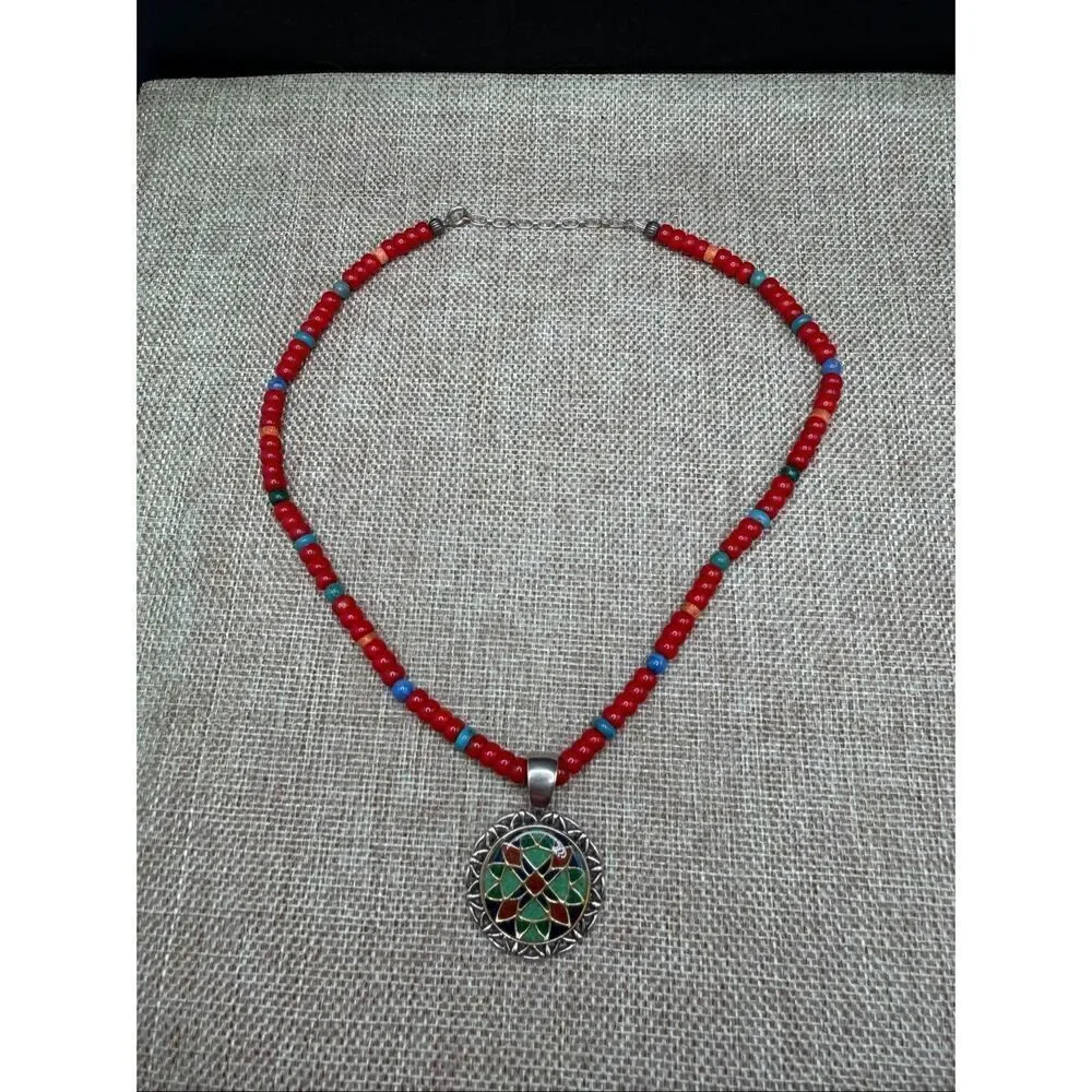 Sterling Silver Mosaic Pendant Necklace on Red Beaded Strand – Boho Artisan Styl